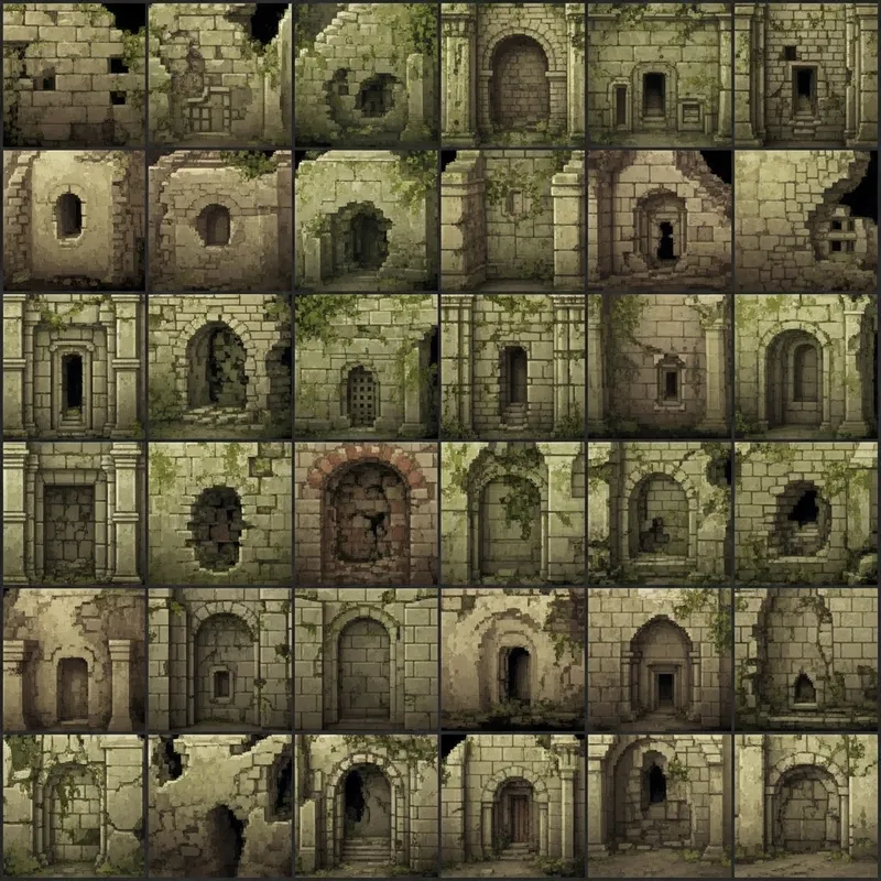 Pixel Art Sprite Sheet for 3D Ruined Walls Pixel Art Sprite Sheet for 3D Ruined Walls