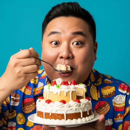Delightful Plus-Sized Man Enjoying Three-Tiered Cake | Laughing Scene