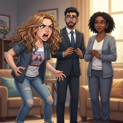Expressive Caucasian Teenage Girl Shouting with Diverse Parents - Illustration
