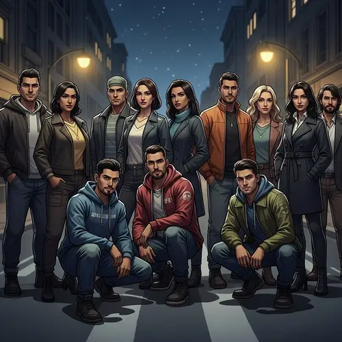 Modern Urban Unity: Diverse Group Unites at Night