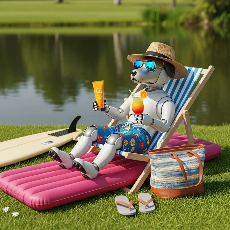 Robotic Dog Relaxing by Pond with Beach Accessories