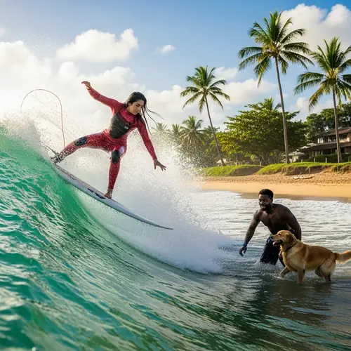 South Asian Woman Riding Turquoise Wave in Red Wetsuit