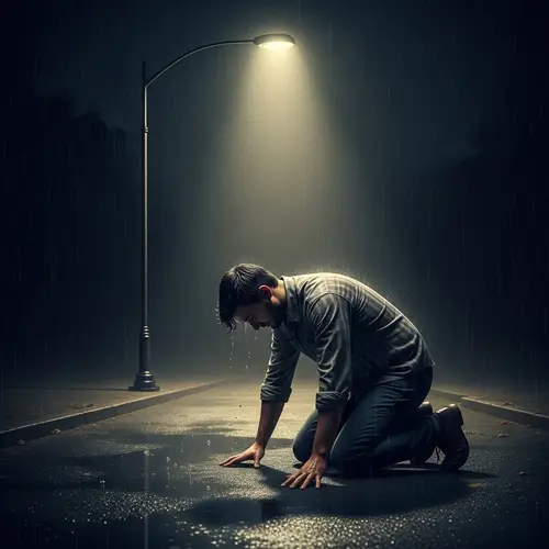 Melancholy Under the Street Light: A Somber Depiction