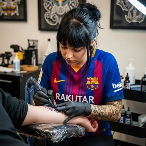Tattoo Artist in Barcelona Football Club Jersey | Ink Process