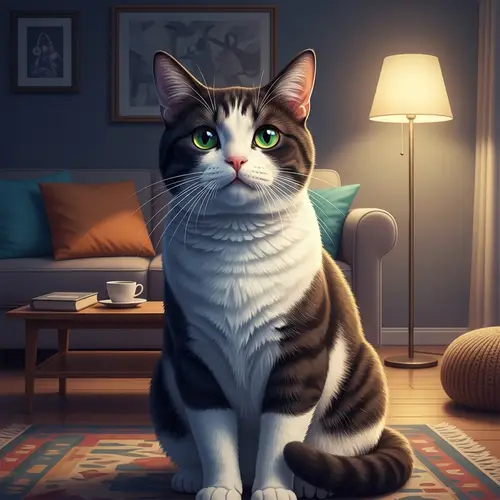 Detailed Domestic Short-Haired Cat in Cozy Living Room