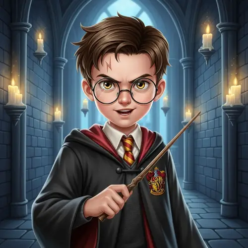Young Wizard Boy with Lightning Scar and Wand - Magical Illustration