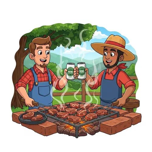 Cartoon Hillbillies Grilling Meat on Brick BBQ Pit