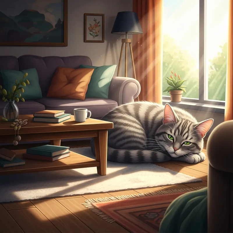 Cozy Living Room with Sleeping Domestic Cat