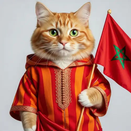 Ginger Cat in Moroccan Attire with Flag | Cultural Tribute