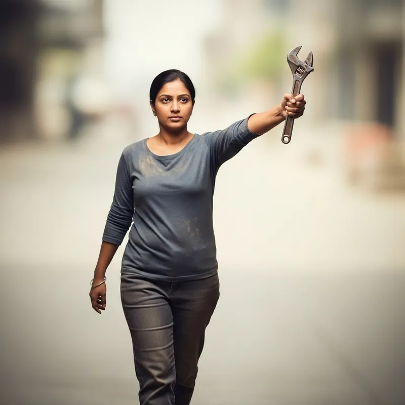 South Asian Woman Walking with High-Extended Arm and Wrench