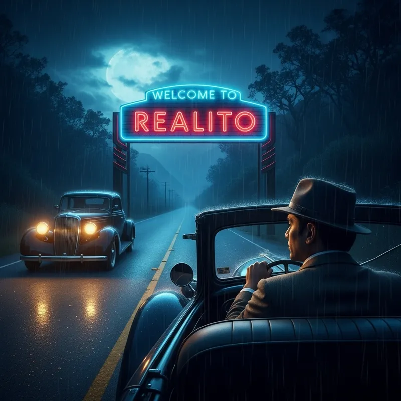 1930s California Private Detective in Classic Car | Welcome to Realito Neon Sign 1930s California Private Detective in Classic Car | Welcome to Realito Neon Sign