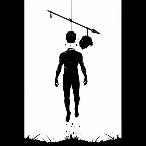 Eerie Graphic Art: Male Figure Suspended by Spear