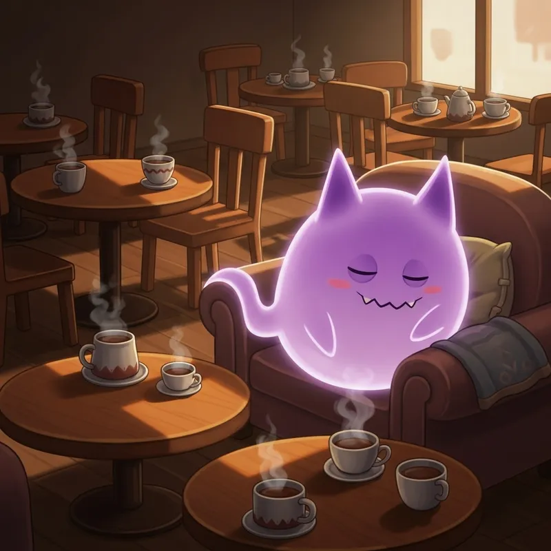 Charming Gengar Napping in a Cozy Cafe Charming Gengar Napping in a Cozy Cafe
