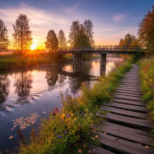 Tranquil Sunset Landscape with Old Wooden Bridge and River