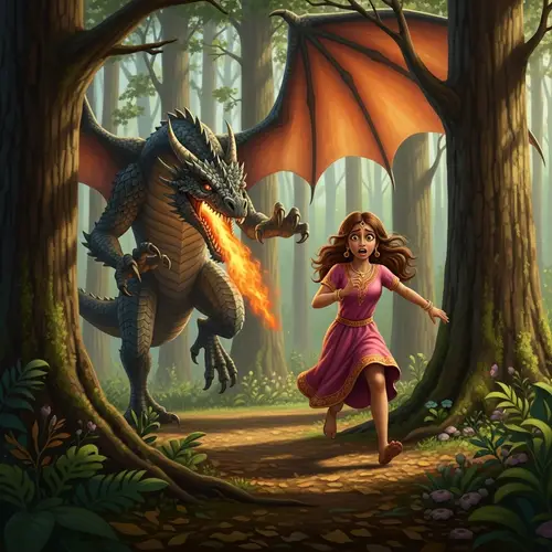 Courageous South Asian Girl Evading Fire-Breathing Dragon