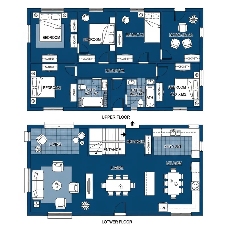 Two-Story House Blueprint: 3 Bedrooms, Shared Bath Upstairs, Living Room, Dining Room, Kitchen Two-Story House Blueprint: 3 Bedrooms, Shared Bath Upstairs, Living Room, Dining Room, Kitchen