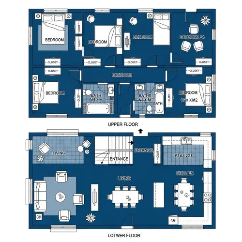 Two-Story House Blueprint: 3 Bedrooms, Living Room, Kitchen