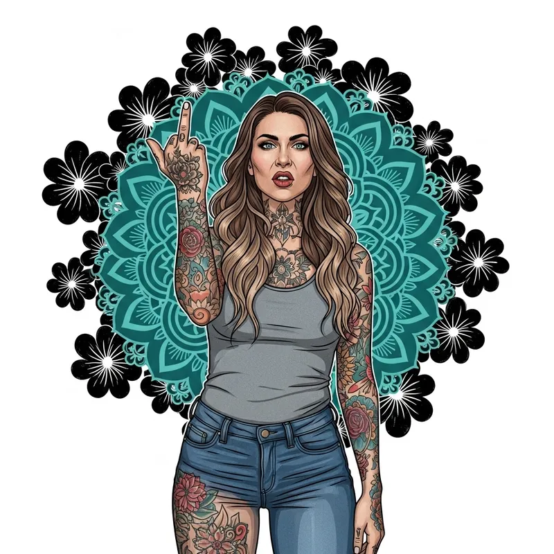 Caucasian Woman with Tattoos and Defiant Pose | Intricate Illustration
