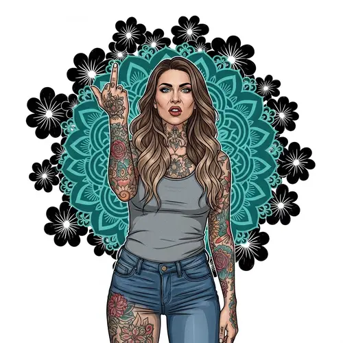 Caucasian Woman with Tattoos and Defiant Pose | Illustrated Scene