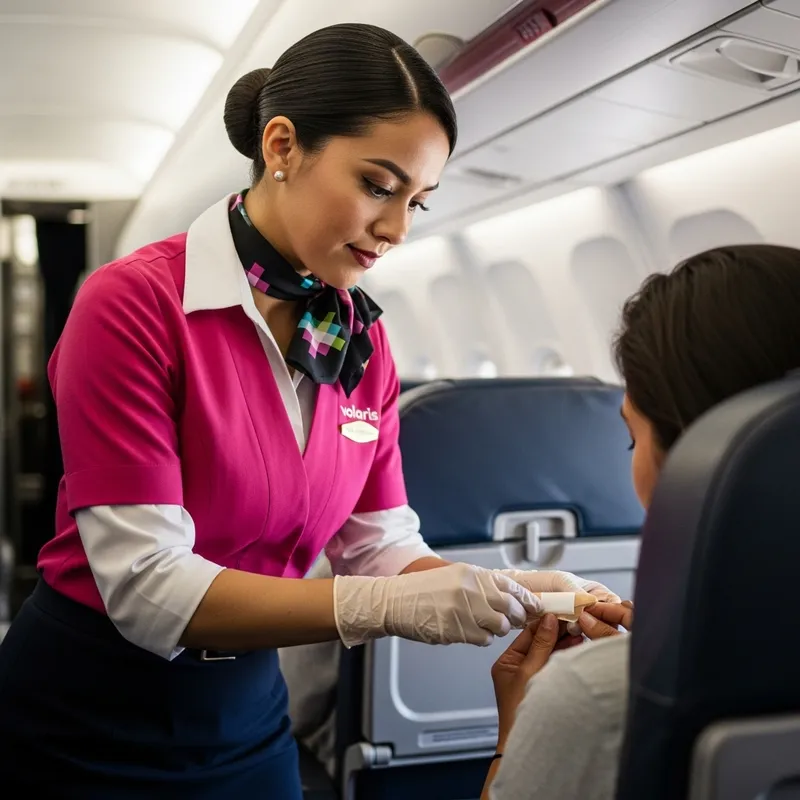 Volaris Flight Attendant in Pink Uniform Administering First Aid