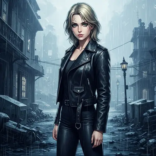 Vintage Gothic Manga Art: Blond Girl in Detailed Rainy Day Scene