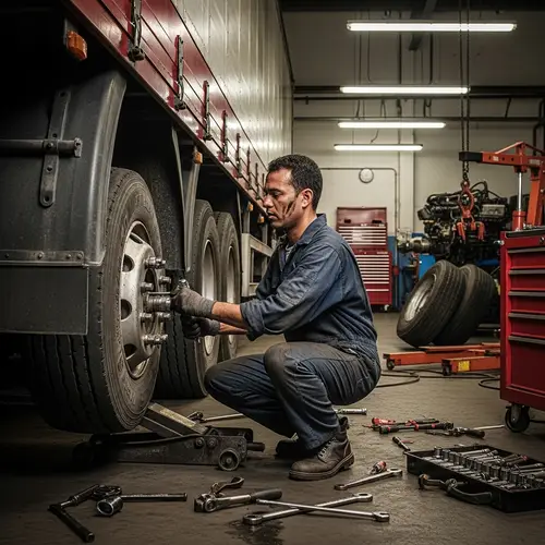Professional Cargo Truck Wheel Mechanic in Action