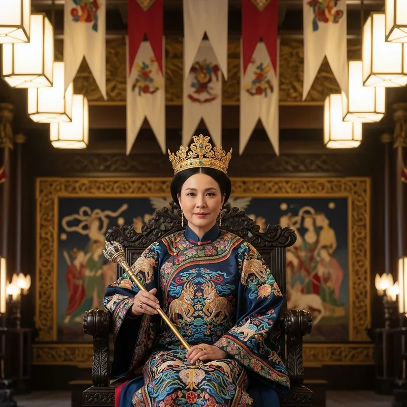 Asian Queen in Regal Attire | Mystical Patterns, Golden Crown