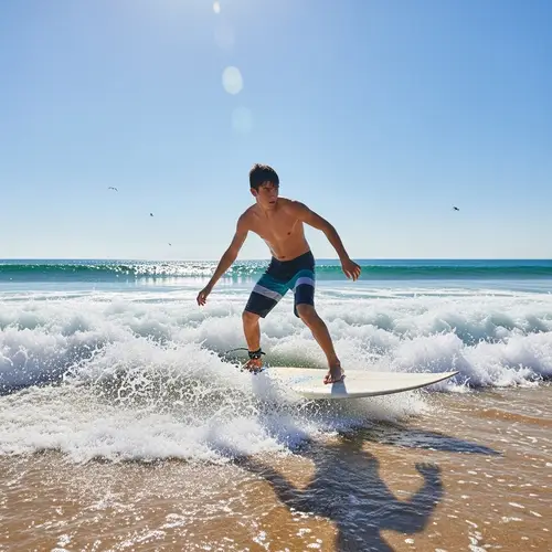 Hispanic Teenage Boy Surfing on Golden Beach with Azure Sea