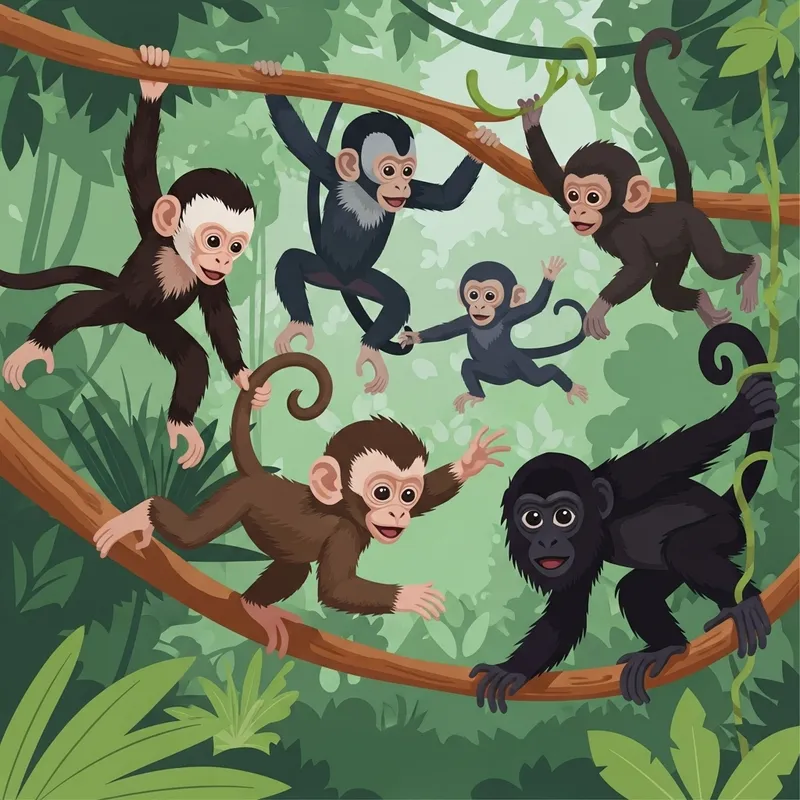 Cute Baby Monkeys Playing and Jumping in Forest Vector