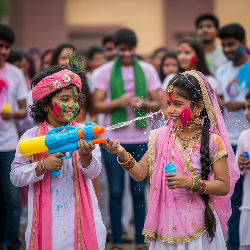 Young Krishna & Radha's Joyful Holi Celebration