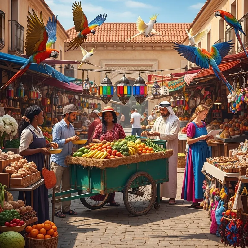 Bustling Multi-Cultural Market Scene | Diverse Vendors & Exotic Birds Bustling Multi-Cultural Market Scene | Diverse Vendors & Exotic Birds
