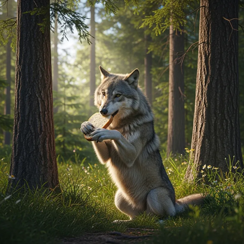 Wolf Eating Bread in a Forest Landscape