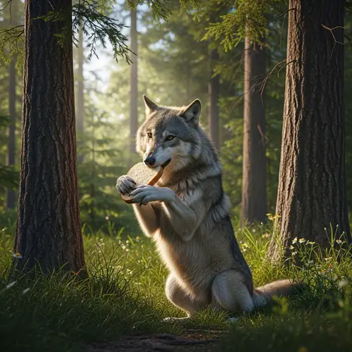 Wolf Eating Bread in a Forest Landscape