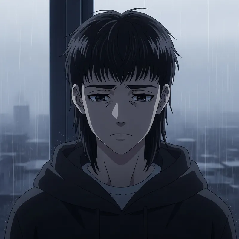 Anime Style Boy with Mullet Hairstyle in Gloomy Anime Environment
