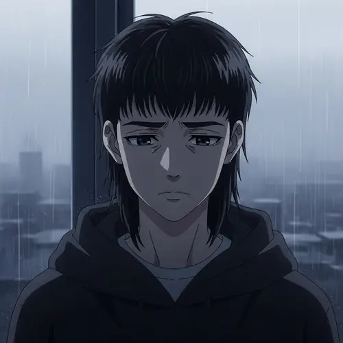 Anime Style Boy with Mullet Hairstyle in Gloomy Environment