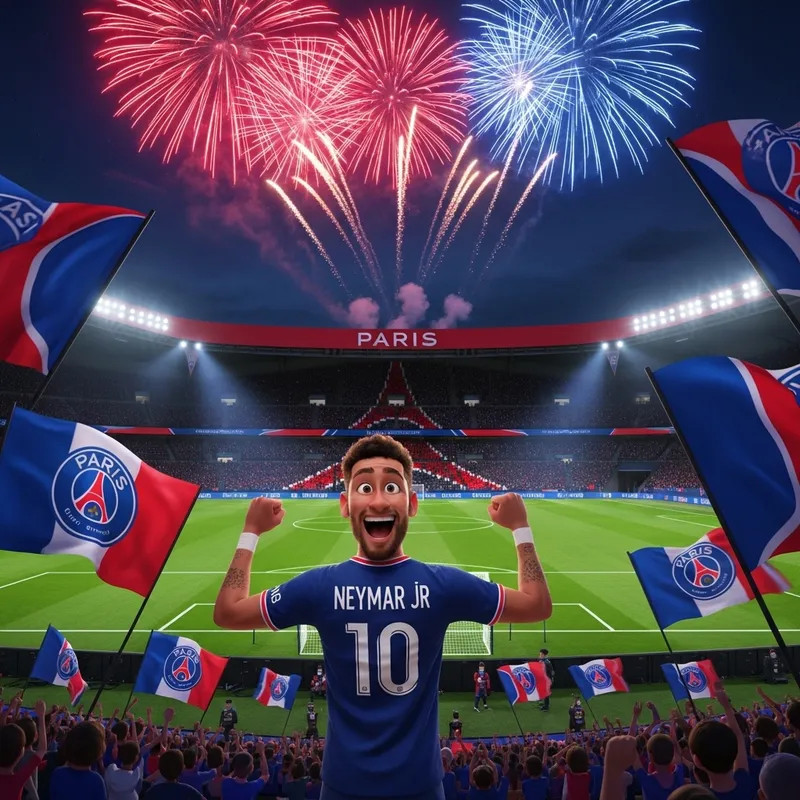 Excited man at PSG match in France with flags and fireworks