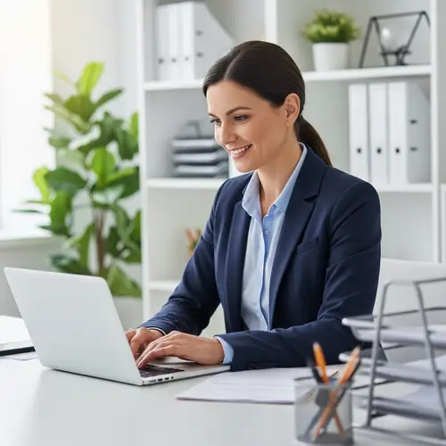 Professional Office Manager Working Joyfully on Laptop