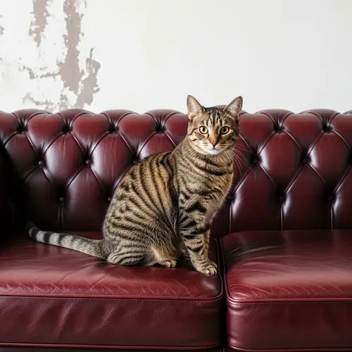 Tabby Cat on Chesterfield Couch with Sophistication and Elegance