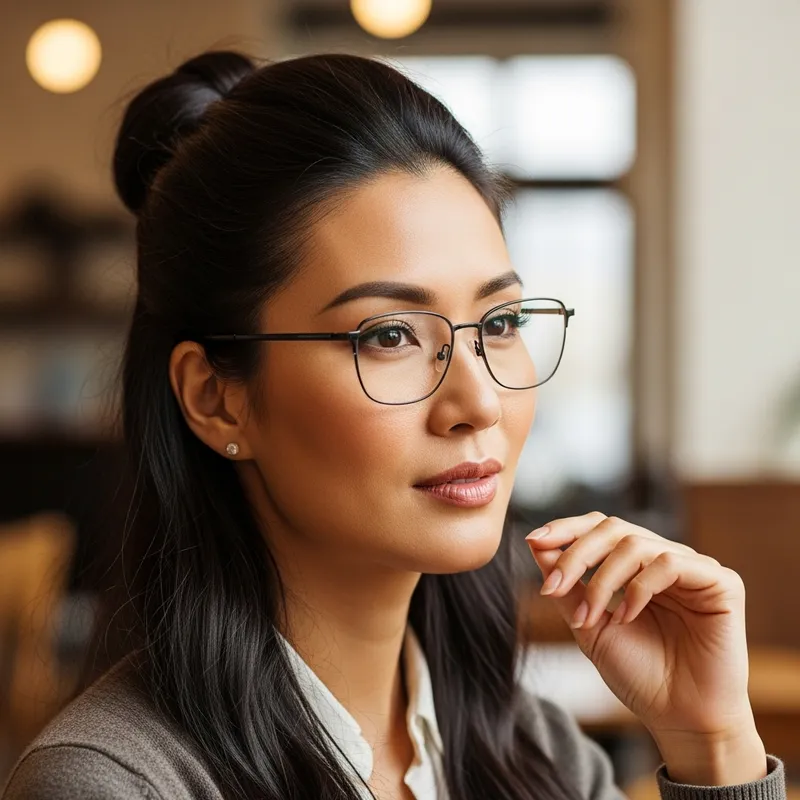 Stylish Asian Woman with Elegant Updo and Chic Eyeglasses