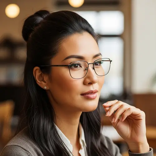 East Asian Woman with Neat Bun Updo and Rectangular Eyeglasses