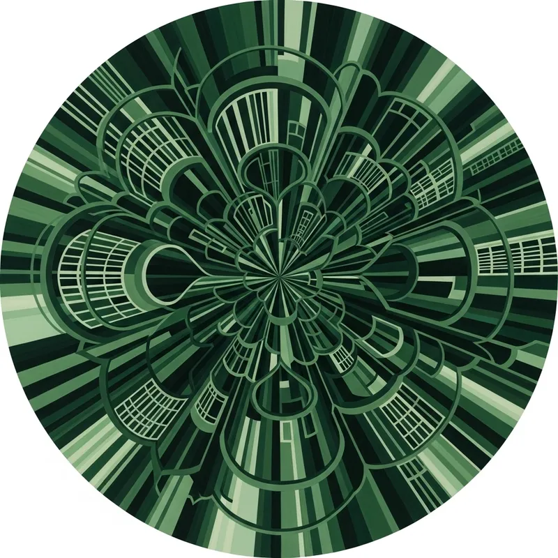 Mesmerizing Circular Abstract Art with Architectural Elements in Dark Green Shades