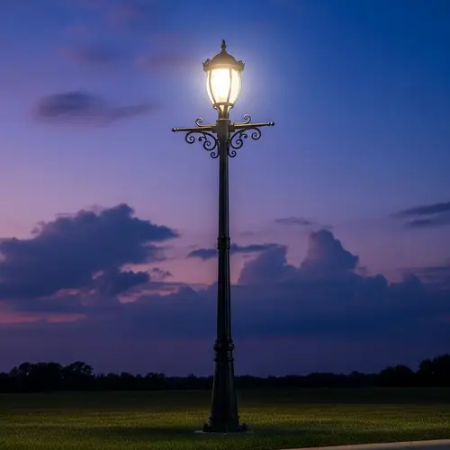 Outdoor Wrought Iron Lamp Post with Illuminated Globe | Twilight Scene