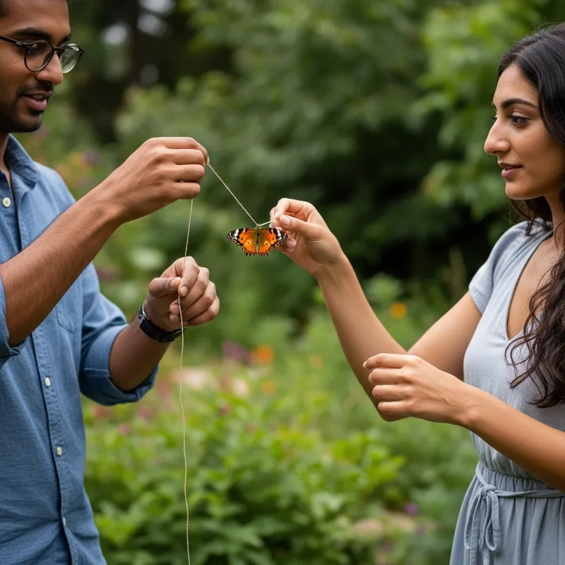 Colorful Butterfly Securely Tied with String: A Delicate Moment Captured
