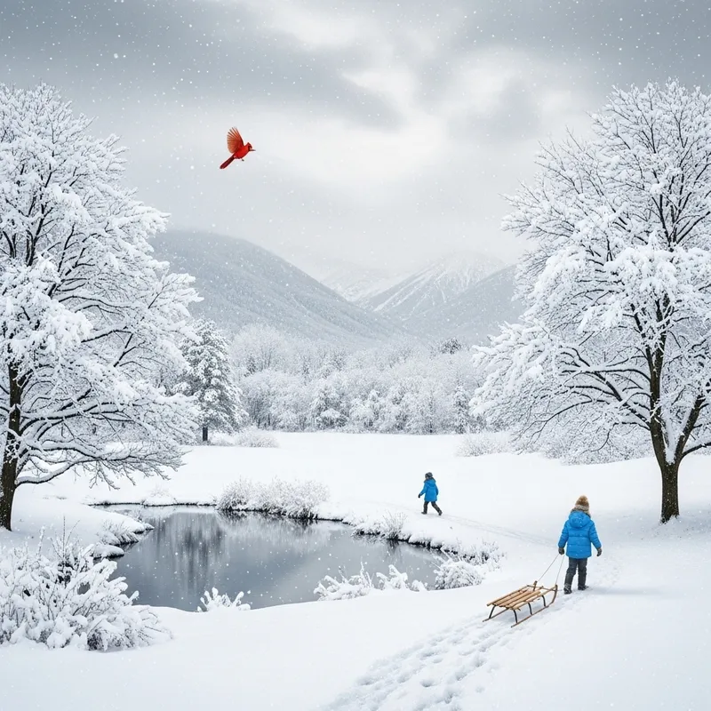 Serene Winter Sketch: Beauty in White with Snow-Capped Mountains