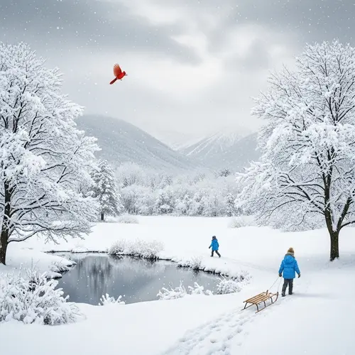 Serene Winter Landscape: Beauty in White with Snow-Capped Mountains