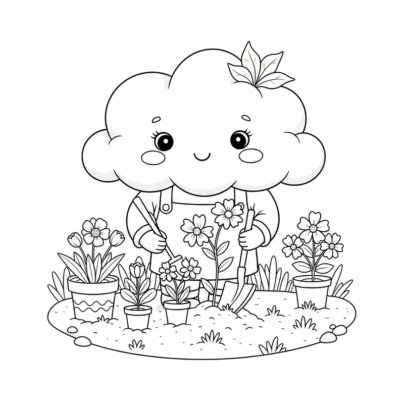 Enchanting Whimsical Cloud Gardening Coloring Page