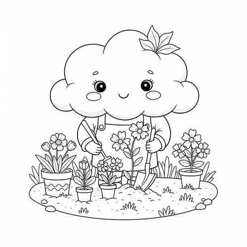 Whimsical Cloud Gardening Coloring Page | High-Res Adobe Design