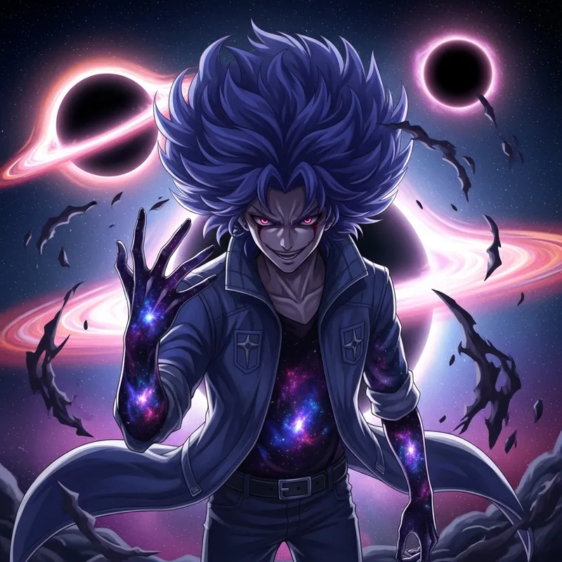 Enigmatic Young Man with Blue-Purple Galaxy Hair | Iridescent Universe Enigmatic Young Man with Blue-Purple Galaxy Hair | Iridescent Universe