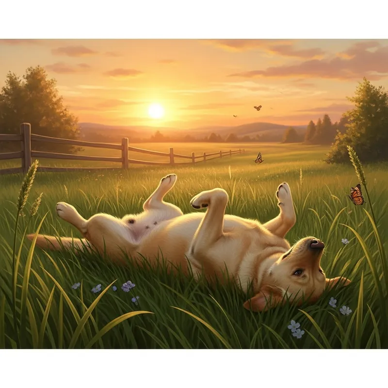 Labrador Retriever in Meadow at Sunset