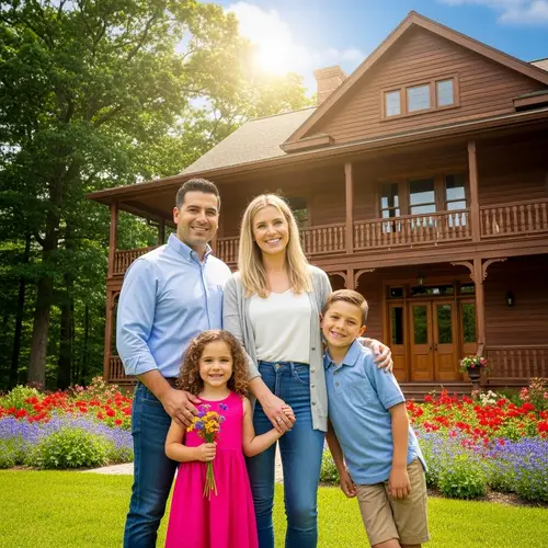 Happy Multicultural Family in Front of Wooden Country House